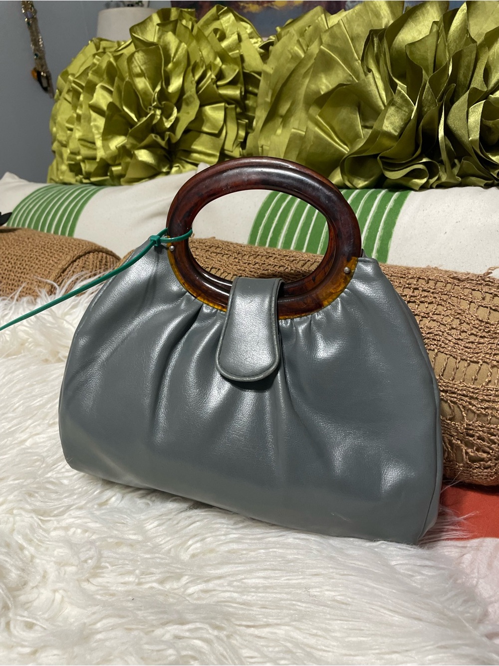 Source Unknown Gray Leather Mini Bag with Tortoiseshell Ring Handles